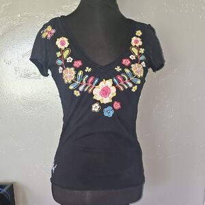 Johnny Was Floral Embroidered Black Women's Top